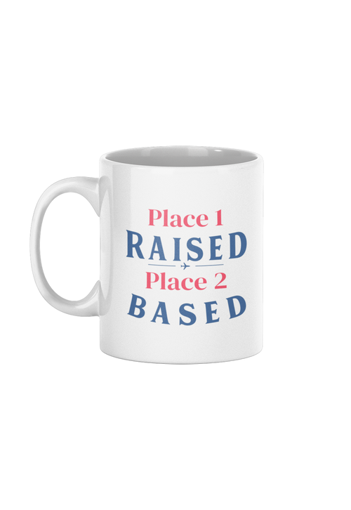 White mug with Raised Based two-location print – gift for someone relocating