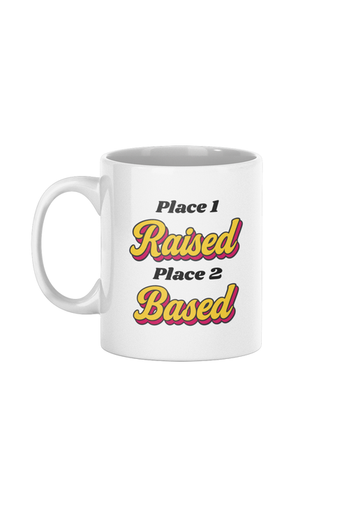 Raised Based personalised white mug – gift for someone who moved