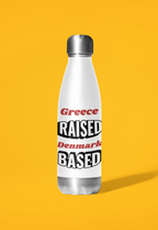 White bottle with Raised Based two-location print – gift for someone relocating