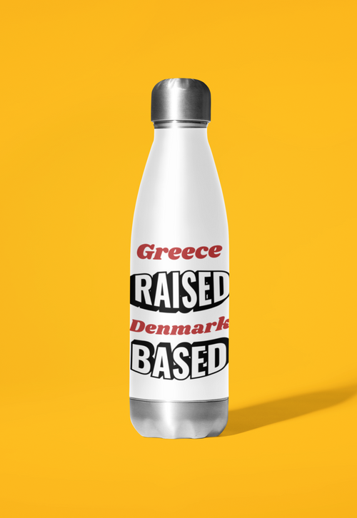 White bottle with Raised Based two-location print – gift for someone relocating