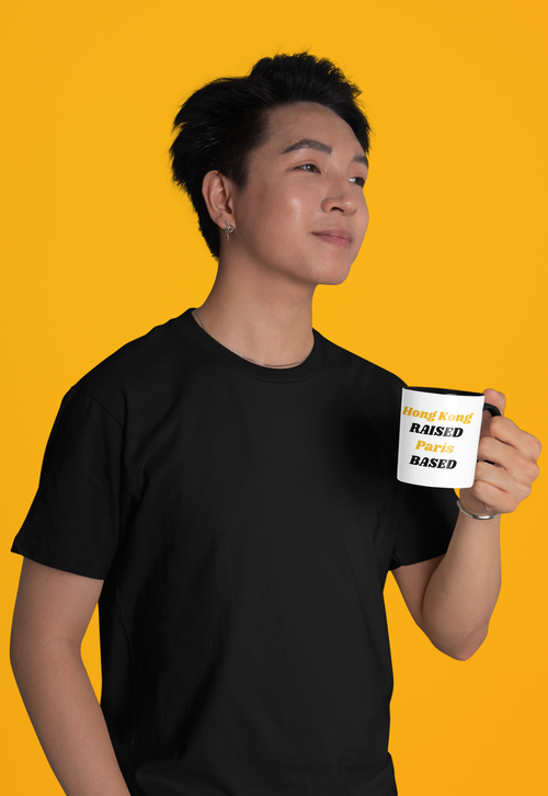 White mug with Raised Based two-location print – gift for someone relocating
