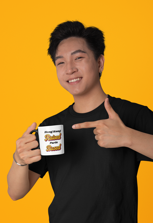 White mug with Raised Based two-location print – gift for someone relocating
